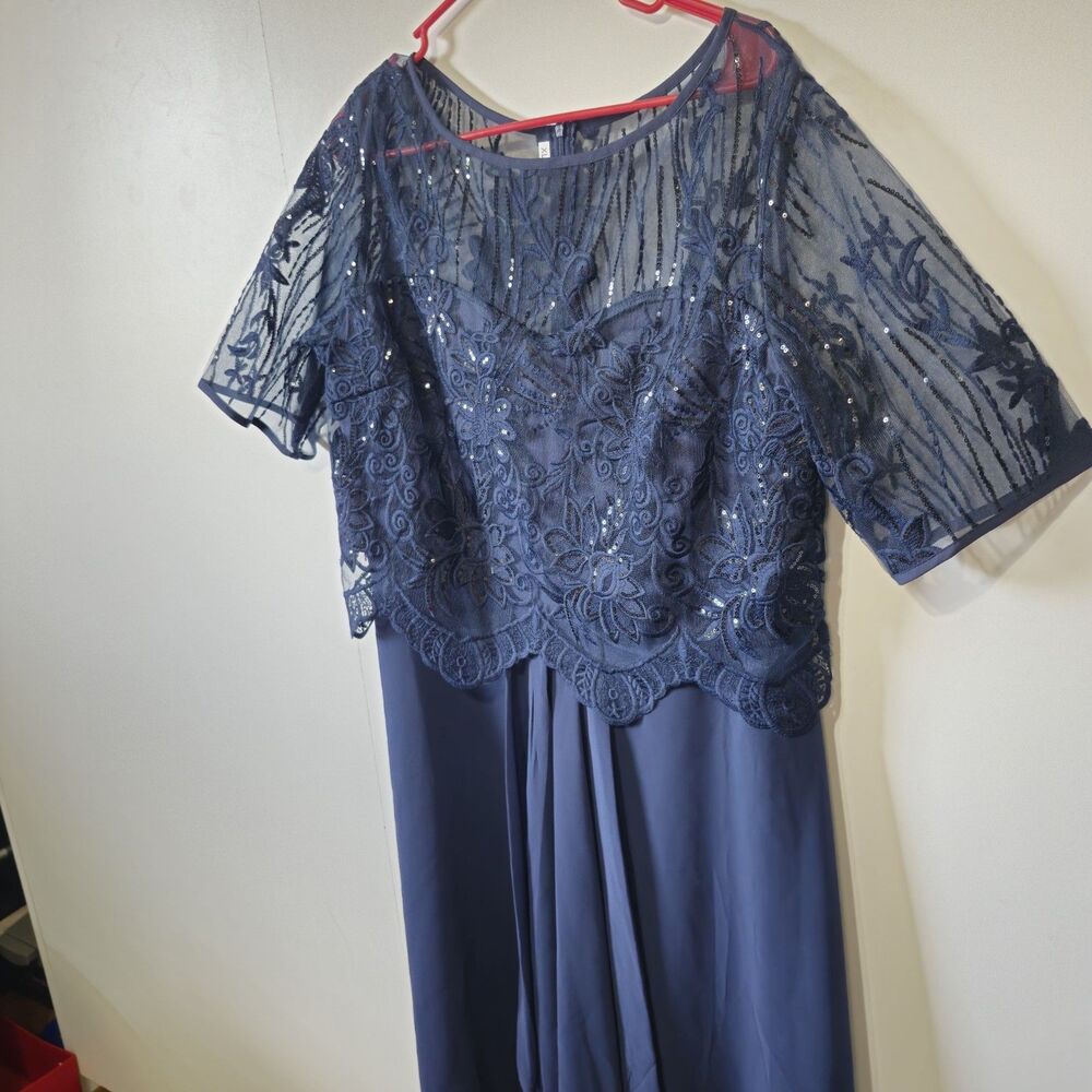 Navy Blue Formal Dress XL Lace Sequin Chiffon Wedding Guest Mother Elegant - Picture 2 of 11